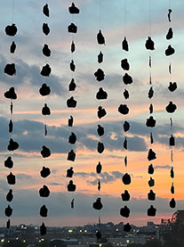 Photograph of sunset with strands hanging in the foreground, they are only visible as black organic shapes (likely of material the artist uses to make handmade paper)