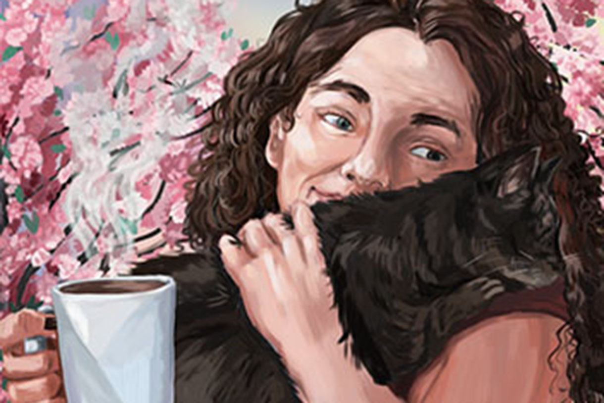 Portrait by Allison Pardieck, woman holding mug and a cat