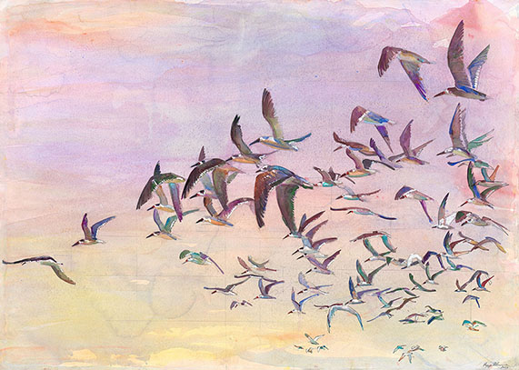 Watercolor painting of a flock of birds flying in the sky with a sunset or sunrise in the background.