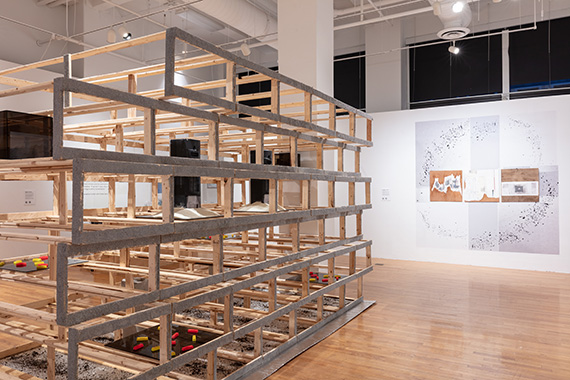 Jeremy Bolen, Albedo, 2020 Wood, white roofing granules, doorbells, sorbent, modified humidifier carbon-capture units, CarbonCure concrete, tinted plexiglass, artificial grass, radiant-barrier insulation, soil from the City of Chicago, grass seed