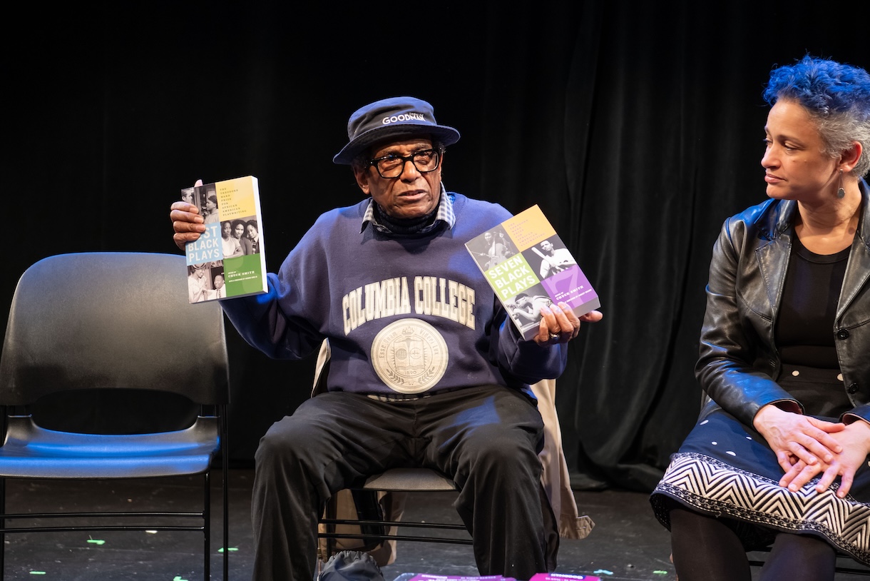 Chuck Smith displays copies of the anthologies "Seven Black Plays: The Theodore Ward Prize for African American Playwriting" (Northwestern University Press, 2004) and "Best Black Plays: The Theodore Ward Prize for African American Playwriting" (Northwestern University Press, 2007). The books contain plays that won the Theodore Ward Competition for African American Playwriting at Columbia College Chicago. 