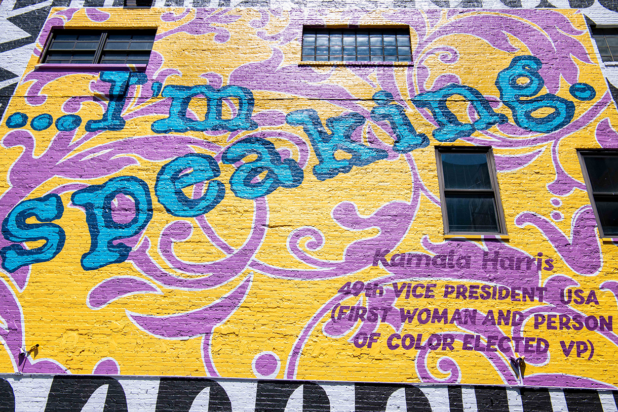 A mural with the words "I'm speaking" 