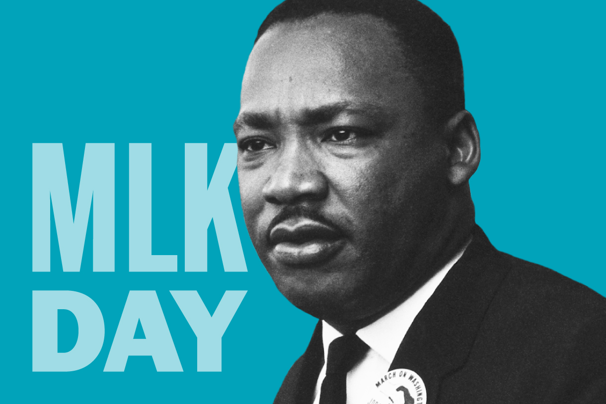 black and white photo of martin luther king jr with a blue background and the text mlk day