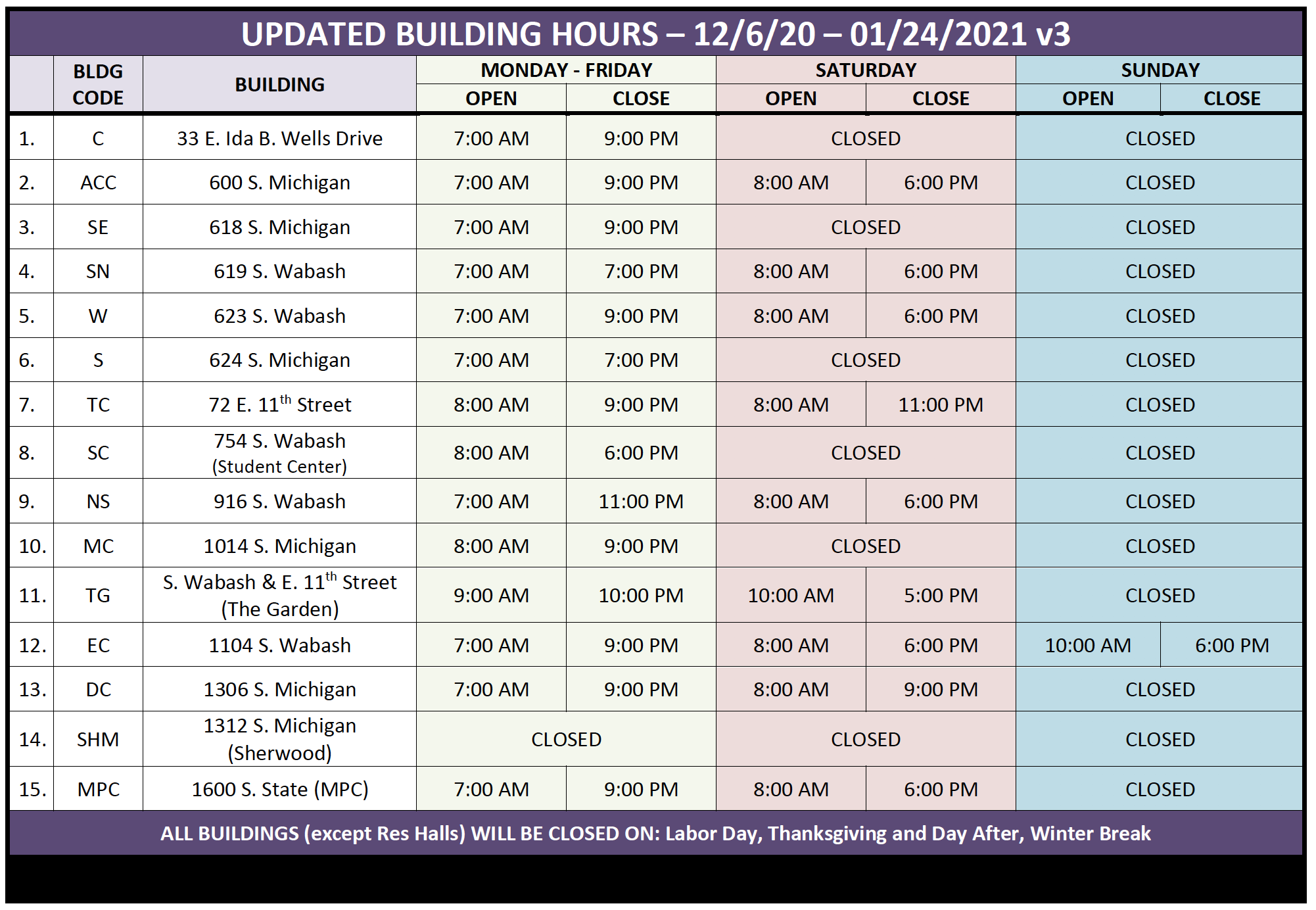 Building Hours Columbia College Chicago