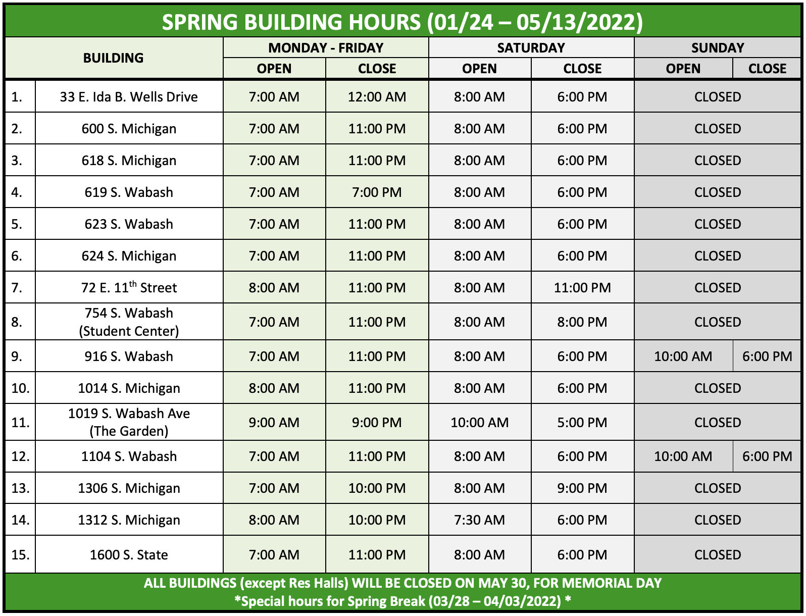 Columbia Calendar Spring 2022 Building Hours - Columbia College Chicago