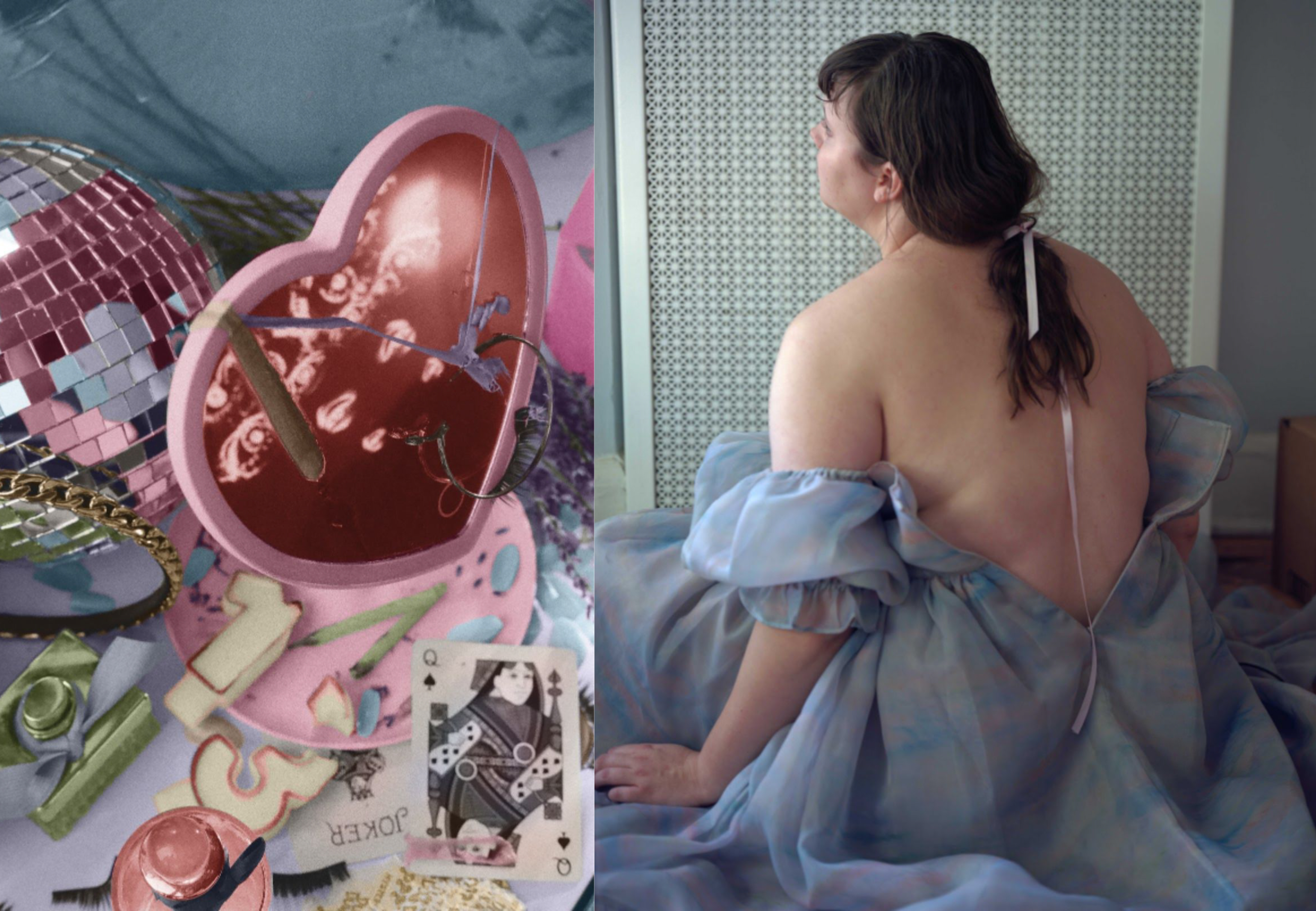 Mirror, Discoball, playing cards (left); Portrait of a woman in a blue dress (Right) 